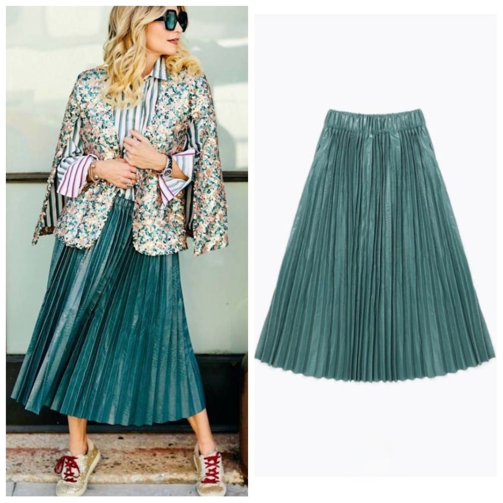 NWT BURU $198 Faux Croc Pleated Skirt Teal Women's XS/S 50/50 Cotton/PU NEW!